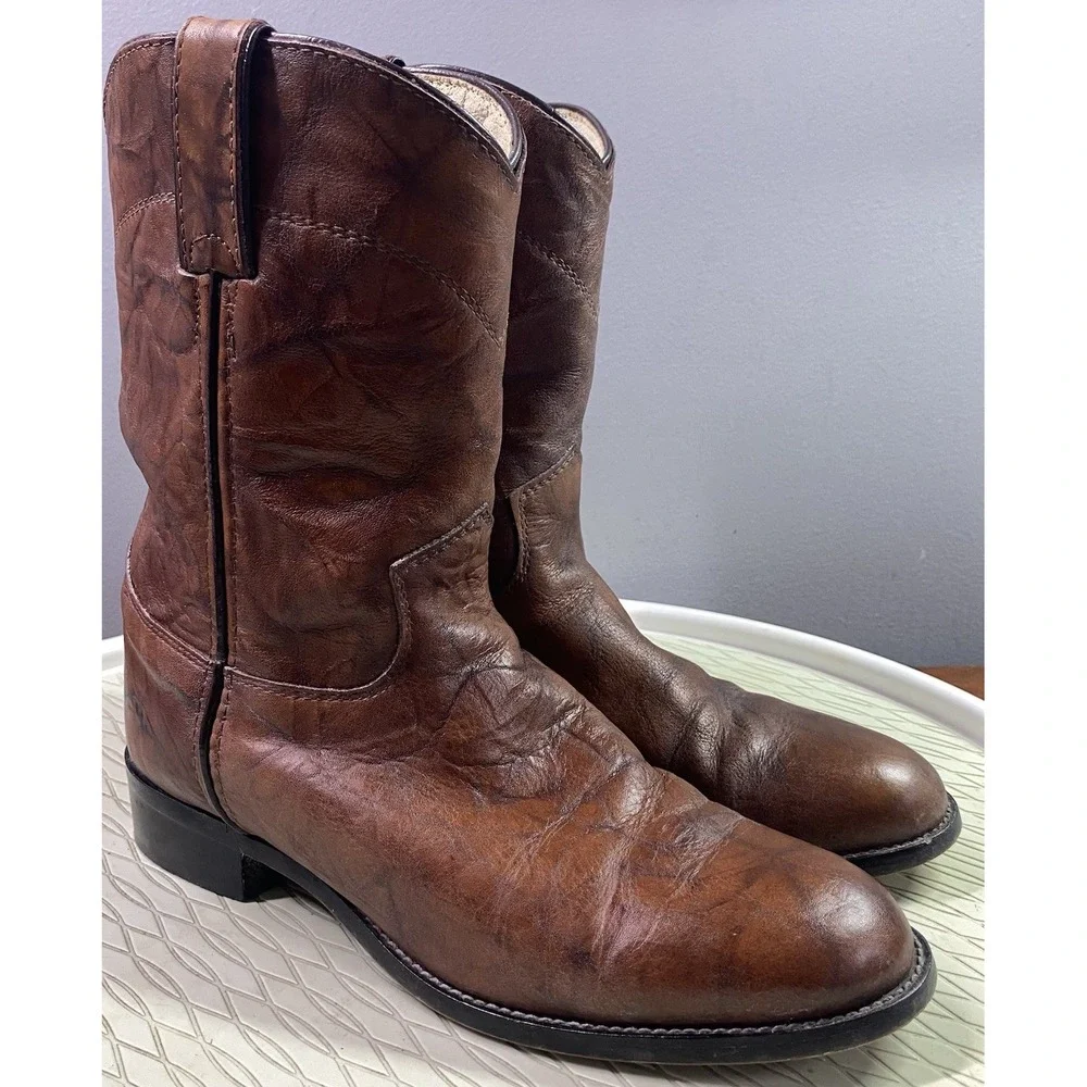 Justin Leather Youth Boy Brown Cowboy Distressed Rodeo‎ Riding Boots Sz.4D